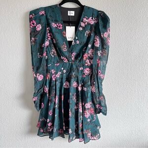LINI Isabelle Floral Mini Dress Teal Pink Puff Long Sleeve V-Neck Fit & Flare